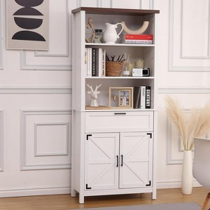 6-Tier Bookshelf with Door & Drawer Storage, Farmhouse Cabinet Bookcase with Adjustable Shelves for Living Room, Bedroom, Kitchen,White - 1 of 4