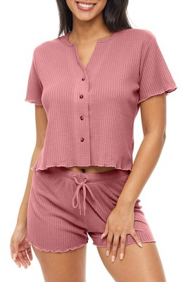 ADR Women's Pajamas Set, Soft Ribbed Knit Waffle Pajamas Lounge Set, Short Sleeve Button Up Top and Pajama Shorts