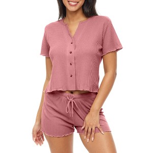 ADR Women's Pajamas Set, Soft Ribbed Knit Waffle Pajamas Lounge Set, Short Sleeve Button Up Top and Pajama Shorts - 1 of 4