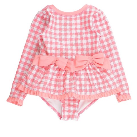 RuffleButts Girls UPF50+ Long Sleeve One Piece Bow Peplum Rash Guard Swimsuit - Bubblegum Pink Gingham, 6