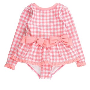 RuffleButts Girls UPF50+ Long Sleeve One Piece Bow Peplum Rash Guard Swimsuit - Bubblegum Pink Gingham, 10 - 1 of 4