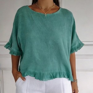 Women's Summer Ruffle Hem Short Sleeve Shirt Casual Loose Fit Round Neck Blouse - 1 of 4