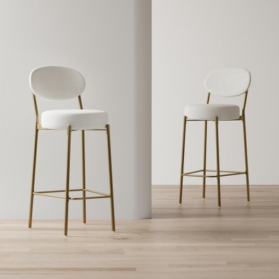 SKRAN  29''Creamy White Velvet Bar Stools Set of 2 Ergonomic Design with Gold Accents, Stable Metal Frame for Kitchen Counter