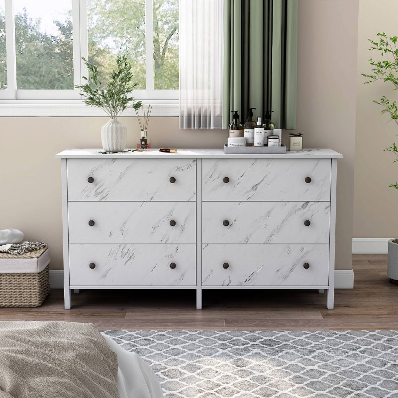 Fichte Transitional 6 Drawer Faux Marble Dresser White Marble - miBasics, 4 of 11