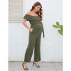 Coolmee Womens Off Shoulder Maternity Jumpsuits Casual Ruffle Sleeves Belted Wide Leg Romper Jumpsuits With Pockets - 3 of 4