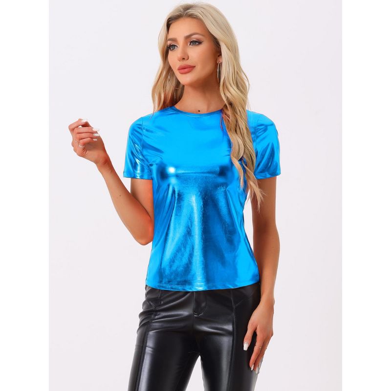 Allegra K Women's Party Metallic Short Sleeve Textured Shiny T-shirts, 4 of 6