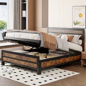 Queen Size Metal Platform Bed with Underneath Storage, White/Black-ModernLuxe - 1 of 4