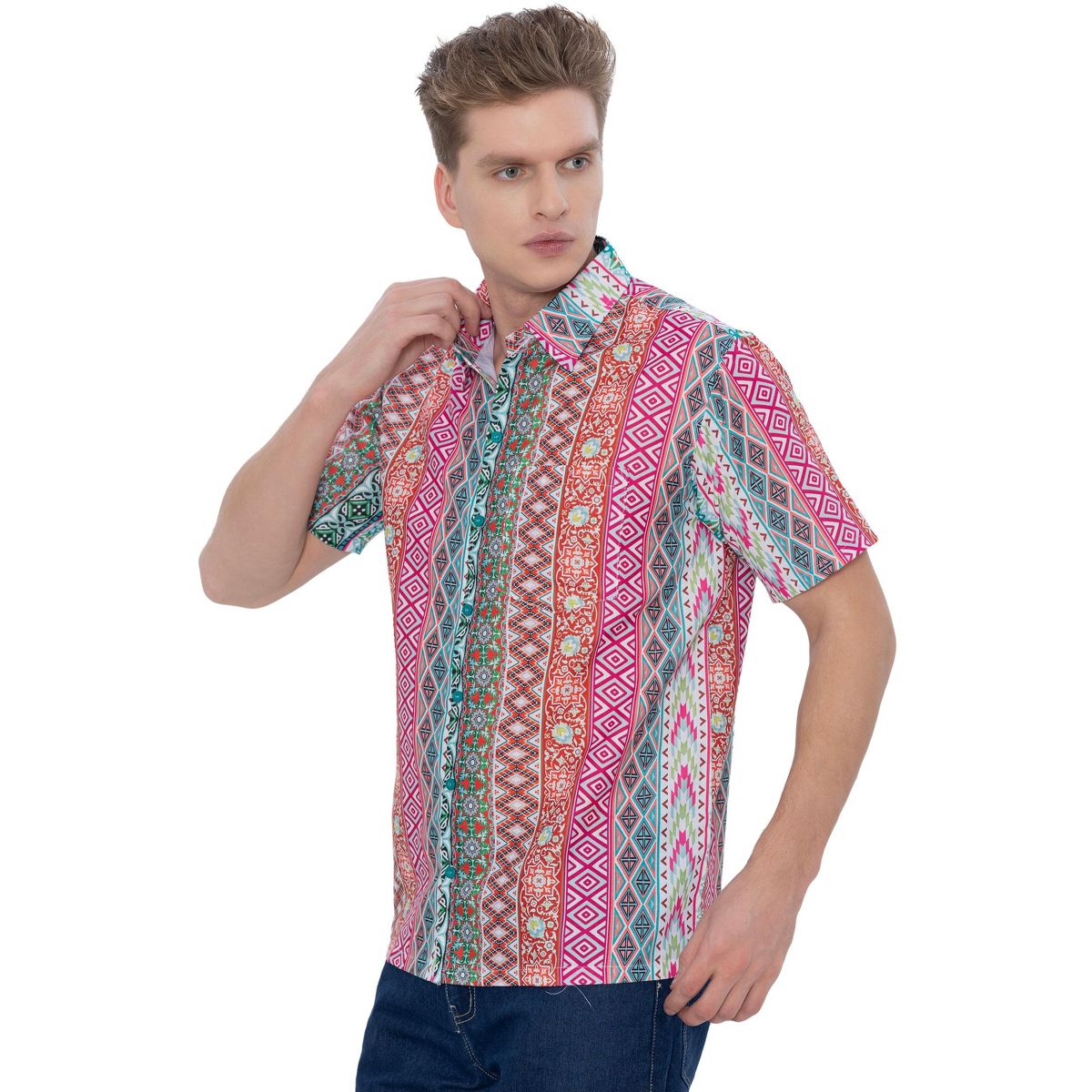 HAPPY BAY Mens Hawaiian Shirts Short Sleeve Button Down Shirt Men's Vacation Shirts Linen Effect Casual Aloha Shirts for Men XXL Geometric Multicolor - thumbnail 4