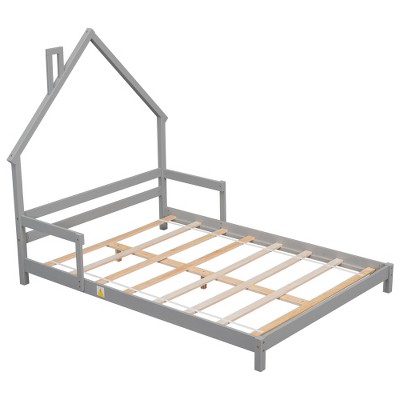 Twin House-Shaped Headboard Floor Bed with Handrails - Low Platform Wood Frame, Sturdy Slats, Easy Assembly, for Kids & Teens