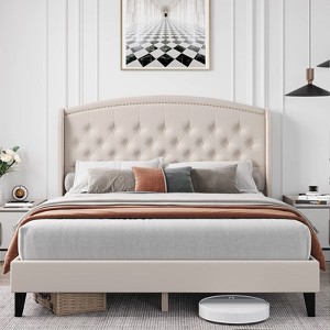 homfan Upholstered Bed Frame, Wingback Headboard, Velvet Platform Bed, Button Tufted Design, No Box Spring Needed - 1 of 4