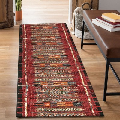 Red and Black Synthetic Tribal Stripe Runner Rug