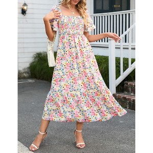 Clearlove Women's 2025 Spring Summer Boho Midi Dress Flutter Sleeve Square Neck Flowy Smocked Tiered Party Ruffle Dress - 1 of 4