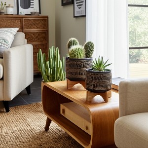 Set of 2 Ceramic Planters with Stands - Indoor & Outdoor Plant Pots - Modern Bamboo Wood Base - Home & Garden Decorative Planter Set - 10" & 7" Black - 1 of 4