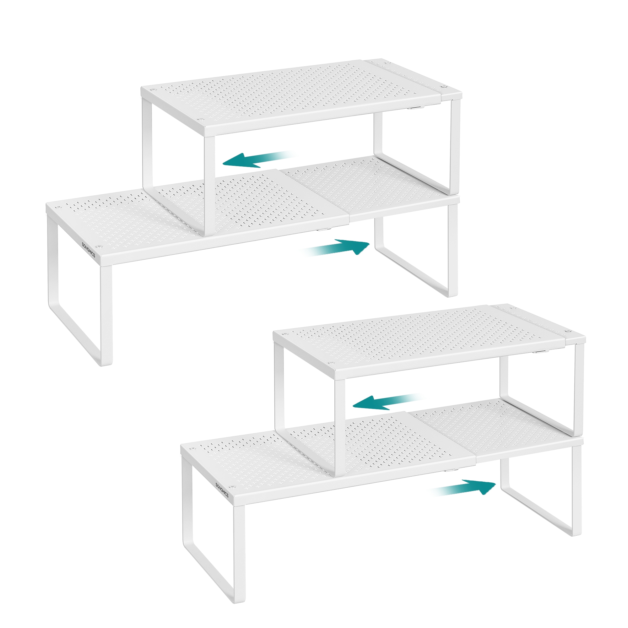 SONGMICS Spice Racks, Set of 4 Expandable Kitchen Countertop Shelves, Small Cupboard Organizers, Metal, Space-Saving Tabletop Shelves, Matte White