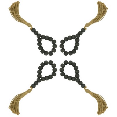 Black Mango Wood Bead Tassel Napkin Rings, Set of 4