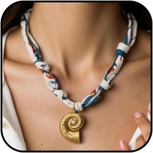 Scarf Necklace with Gold Pendants - Starfish, Cross & Flower Boho Beach Jewelry - 1 of 4