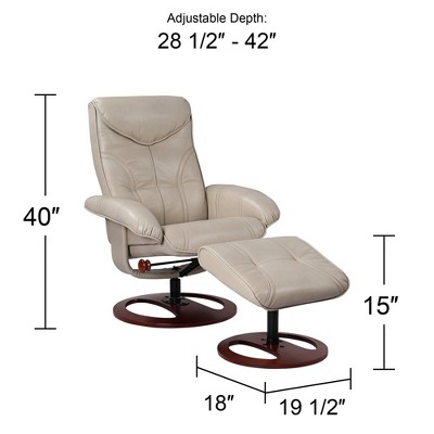 Taupe Bonded Leather Swivel Recliner with Walnut Base and Ottoman
