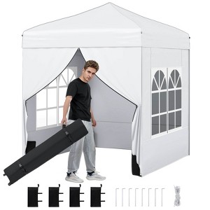 Costway 6.5 x 6.5 FT Pop up Canopy Tent with 4 Sidewalls, Wheeled Bag, 4 Sandbags, 8 Stakes Gray/Pink/White - 1 of 4