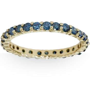 Pompeii3 1 1/2ct Round Treated Blue Genuine Diamond Eternity Wedding Ring 14K Yellow Gold