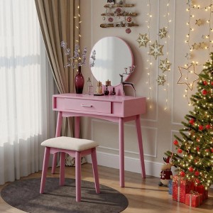 Maly Contemporary Wood Vanity and Stool Set, Pink - 1 of 4