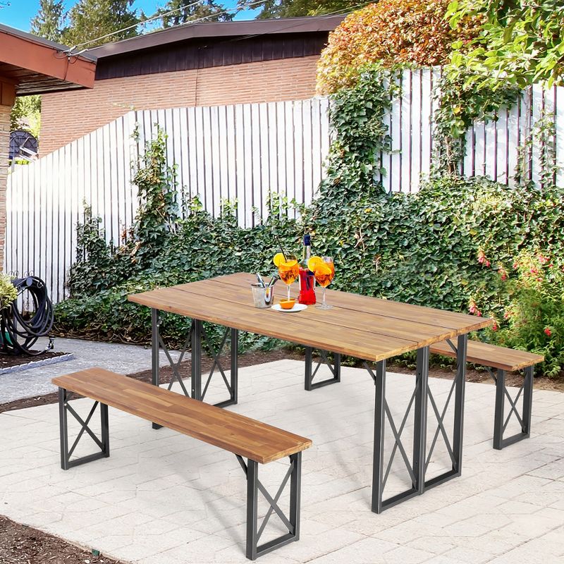 Costway 3 PCS Outdoor Acacia Wood Patio Dining Table Bench Set with 2'' Umbrella Hole, 2 of 11