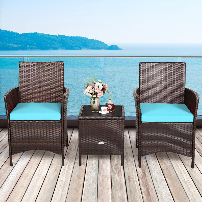 Costway 3PCS Patio Rattan Furniture Set Cushioned Sofa Glass Tabletop Deck Red\Blue\ White, 1 of 13