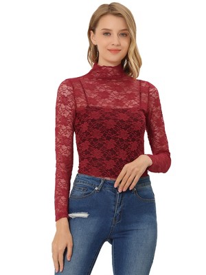Allegra K Women's See-Through Long Sleeve Turtleneck Sheer Floral Lace Blouse