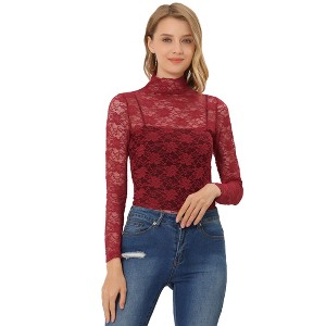 Allegra K Women's See-Through Long Sleeve Turtleneck Sheer Floral Lace Blouse - 1 of 4