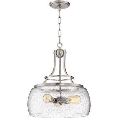 Franklin Iron Works Satin Nickel Pendant Chandelier 16" Wide Rustic Farmhouse Seeded Clear Glass LED 3-Light Fixture Dining Room