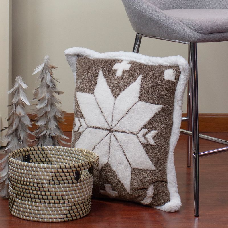 Northlight 20" Brown and White Plush High Pile Fleece Throw Pillow with Snowflake, 2 of 7