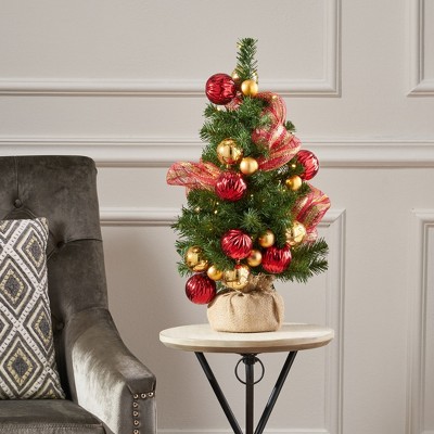 KTMBDW Artificial Holiday Christmas Tree for Home, 2' Red/Gold Decorative Burlap Tree with 50 Warm White LED Lights - Battery Powered
