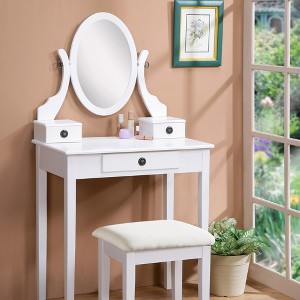 FONTOI 30"W Wood Makeup Vanity Table and Stool Set with Adjustable Oval Mirror 3 Storage Drawers for Bedroom Dressing Room, White, 30"*15.75"*52.5" - 1 of 4