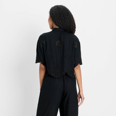Women’s Short Sleeve Embroidered Tie-Front Blouse – Future Collective