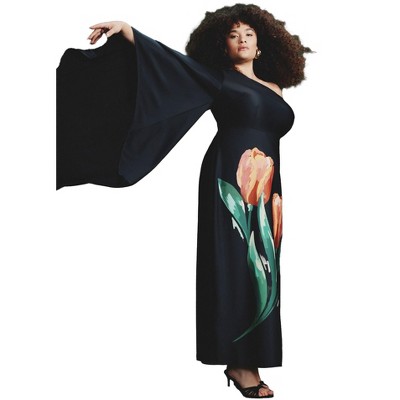 ELOQUII Women's Plus Size One Shoulder Dramatic Sleeve Dress