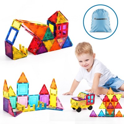 PicassoTiles 61-Piece Multicolor Magnetic Building Blocks Set with Car Base