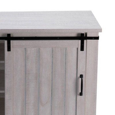 Saw Cut Off-White Compact TV Stand with Barn Door Cabinet