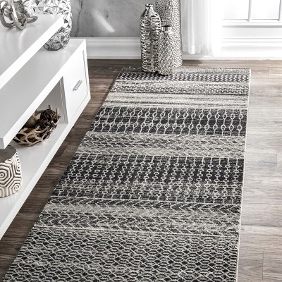 Nova Bohemian Dark Gray Striped Synthetic Runner Rug, 2'6" x 14'