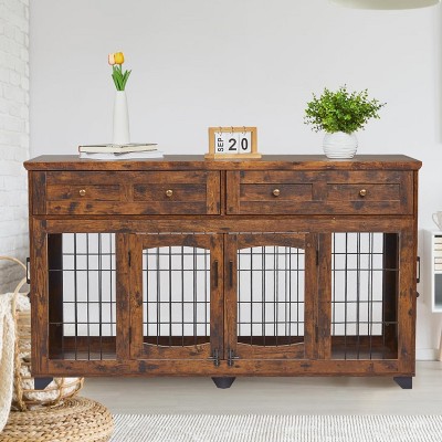 Dog Crate Furniture with Drawers,58in Wooden Dog Kennel Tv Stand,Furniture Style Dog Crate End Table with Storage