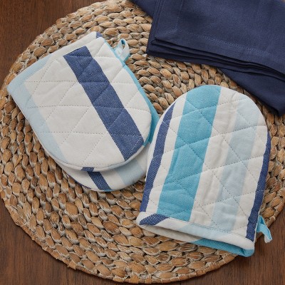 Blue and White Striped Cotton Mini Oven Mitts Set