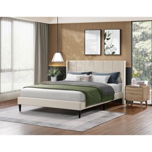 Racxily Luma Upholstered Bed, Linen Wingback Headboard with Solid Wood Legs & Slatted Base - 1 of 4
