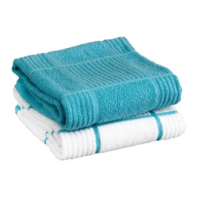 2pk Solid & Striped Waffle Terry Kitchen Towels Blue - T-Fal