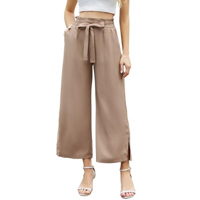 Womens Shirred Paperbag-Waist Pants High Waisted Pants with Pockets Side Slit Wide Leg Pants Waist Tie Knot Palazzo Trousers - Brown, XL