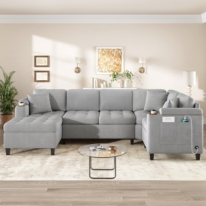 115.7"W U-Shaped Sectional Sofa with Built-in Cup Holders, Storage & USB Ports, Chenille Fabric Oversized Couch - ModernLuxe - 1 of 4