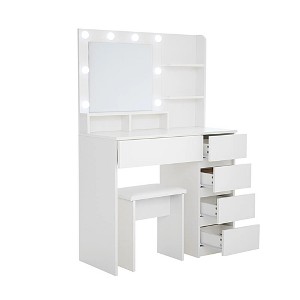 Vanity, Makeup Vanity Desk Set with Mirror & Light, Dressing Table Storage Lots with Power Strip - 1 of 4