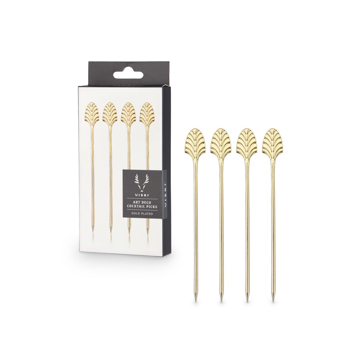 Viski Gold Art Deco Set of 4 Cocktail Picks for Whiskey Sour, Martini, 5” Stainless Steel Skewers for Lemons, Limes, Cherries, Olives, Wedding Party