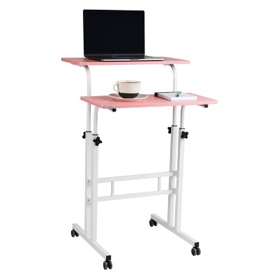 Pink Rolling Sitting/Standing Reversible Desk with Side Storage - Mind Reader: Small Stand/Sit Desk, Wood Laminate, Metal Frame