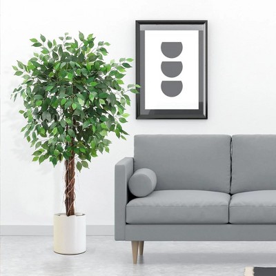 Whizmax Artificial Ficus, Fake Ficus Silk Tree with Natural Wood Trunk in Plastic Nursery Pot for Indoor Outdoor House Living Room Office