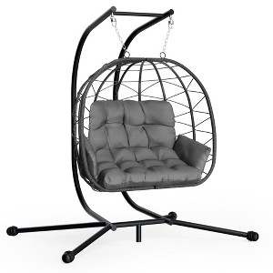 Pamapic 2-Person Large Hanging Wicker Double Egg Porch Swing Chair with Stand and Cushion - 1 of 4