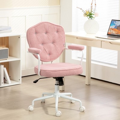 Vynxaria Cute Home Office Chair, Computer Desk Chair with Button Tufted Teddy Bear Fleece, Swivel Vanity Chair, Pink