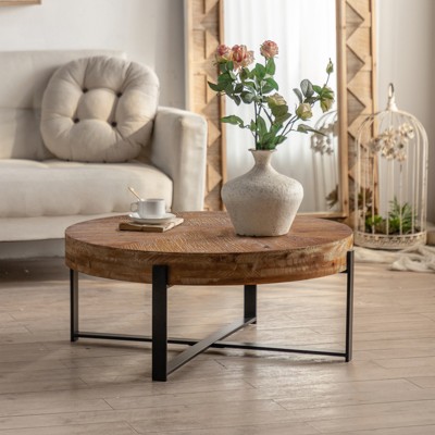 LOVMOR 31.29"Modern Retro Splicing Round Coffee Table, Fir Wood Table Top with Black Cross Legs Base